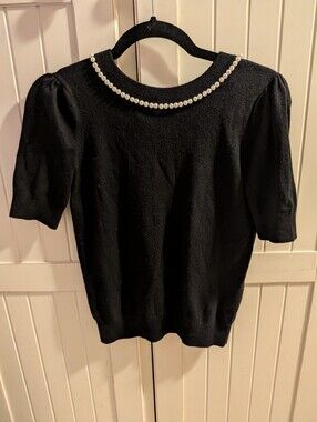 Kate Spade Black Pearl-Trim Short Sleeve Knit Top
